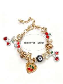 1pc Leopard Print Cherry Pendant Bracelet, Black 8 Ball Cherry Beaded Bracelet Leopard Print DIY Bracelet - Multicolor - View 4