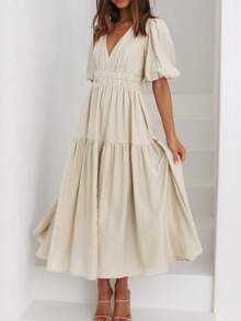 Women's Long Casual A-Line Dress With Puff Sleeves, Pleated Waist, And Flared Ruffle Hem. - 杏色 - 查看 1