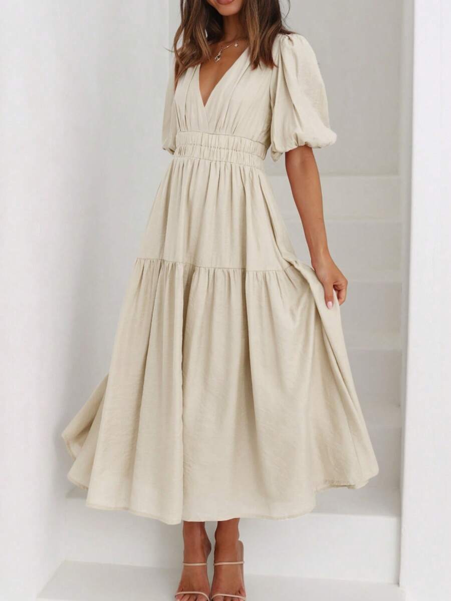Women's Long Casual A-Line Dress With Puff Sleeves, Pleated Waist, And Flared Ruffle Hem. - 杏色 - 查看 1