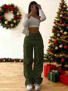 Elegant Stylish Vintage Y2K Casual Cute Cargo Pants, Green Elastic Waist Wide-Leg, Pocketed, Comfortable, Airport Outfit, Back To School, Teacher, Clubs, Birthday Parties, Halloween, Christmas, New Year, Thanksgiving, Concerts, Gym, Business, Street Wear, Spring, Summer, Autumn And Winter Styles