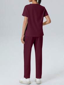V-Neck Pocket Short Sleeve Top And Pocket Pants 2pcs Scrub Uniform Set - Redwood - View 2