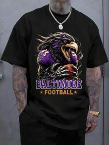 Men'S Baltimore Football Raven Holding Ball Print Casual T-Shirt | Comfortable, Breathable, Sweat-Absorbent, Cool For Summer, Crew Neck, Regular Fit, Sweat-
-Black - 黑色 - 查看 1