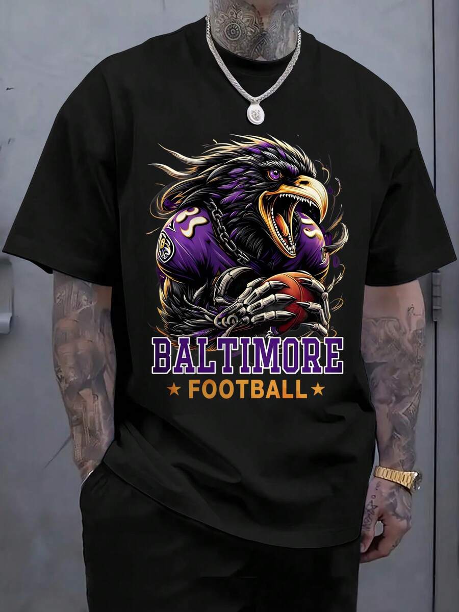 Men'S Baltimore Football Raven Holding Ball Print Casual T-Shirt | Comfortable, Breathable, Sweat-Absorbent, Cool For Summer, Crew Neck, Regular Fit, Sweat-
-Black - 黑色 - 查看 1