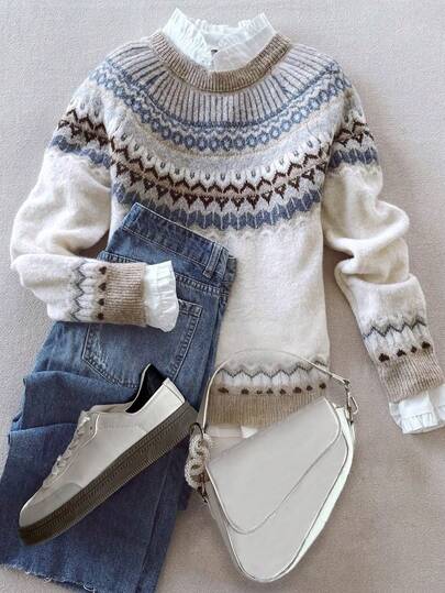 Women's Autumn/Winter Fashionable, Comfortable, And Stylish Geometric Fair Isle Pattern Round Neck Long Sleeve Sweater Knitted Loose Pullover