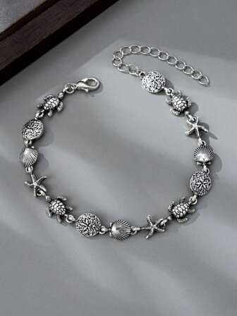 1 pièce Bracelet de style vintage avec éléments marins, coquillage, tortue, étoile de mer, convient pour le port quotidien des femmes