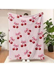 Cherry Pink Bow Throw Blanket, Style Minky, Soft & Comfortable Multipurpose Knitted Polyester Bedding, Contemporary Y2K Aesthetic Decorative Gift For Her, All Seasons Use, Allseason Blanket|   Playful Design|   Flannel Fabric - 280 GSM - 彩色 - 查看 12