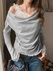 女士休闲蕾丝边长袖衬衫，柔软优雅，秋冬