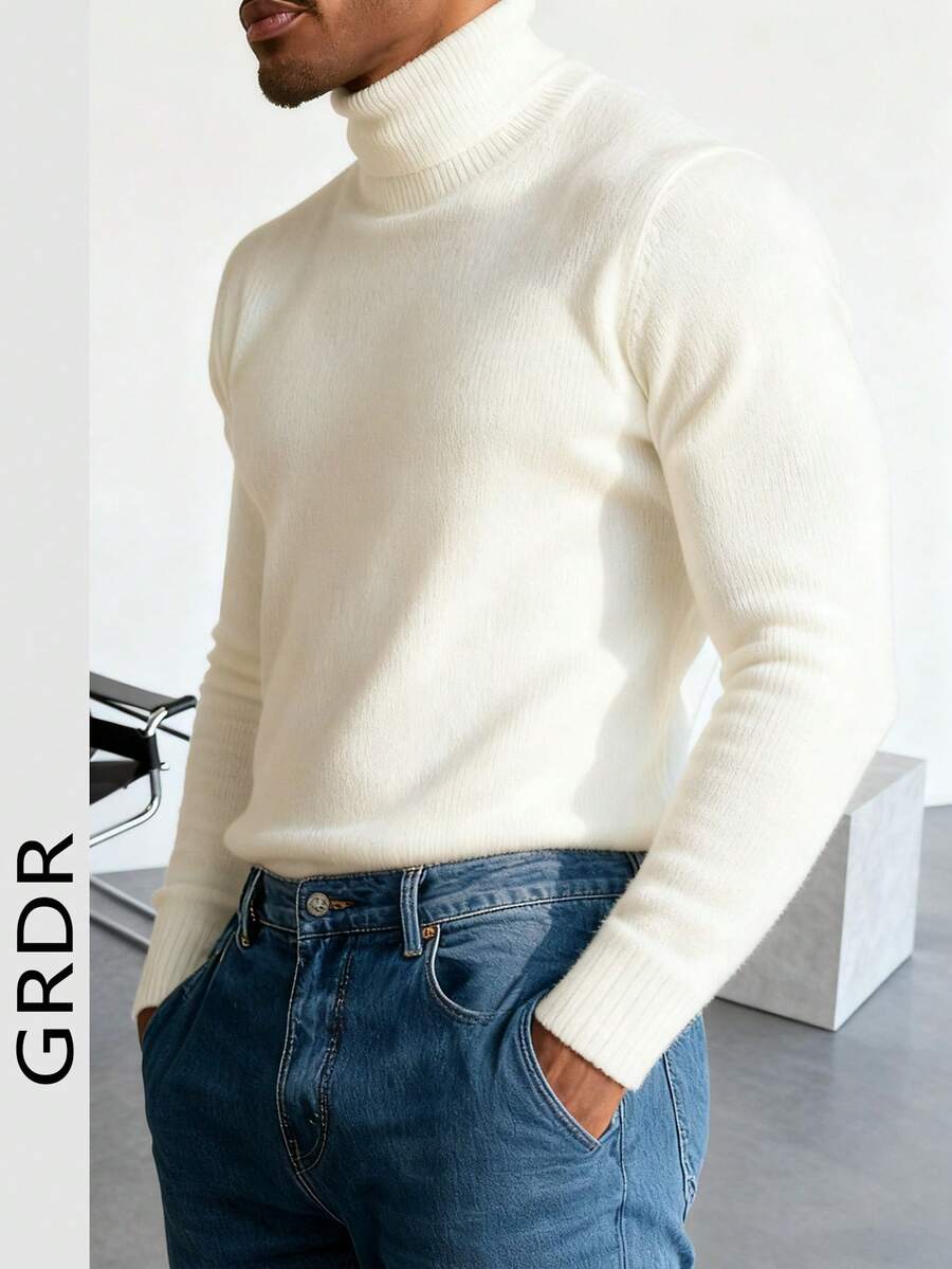 GRDR Men's Turtleneck Long Sleeve Knit Sweater, Versatile For Daily Wear - White - View 1