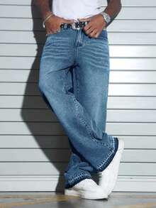 男士休闲水洗直筒牛仔裤 - 淺色水洗藍 - 查看 4