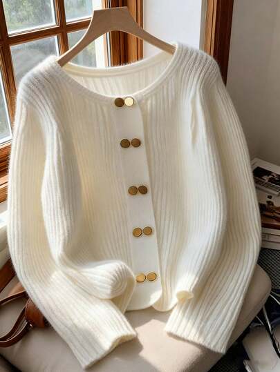 Women's Fashionable Versatile Elegant Solid-Colour Knitted Cardigan With Metal Buttons Long-Sleeved Everyday Women's Cardigan