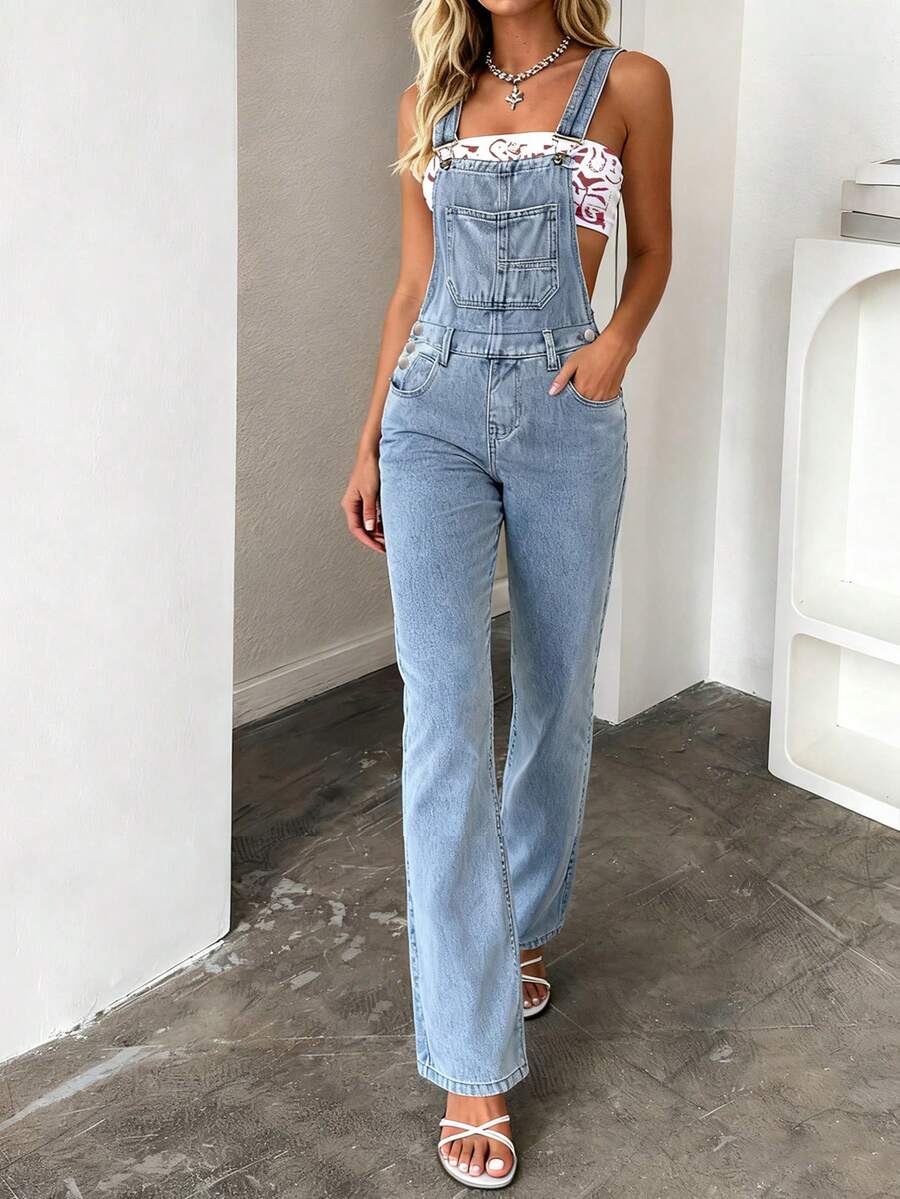 浅蓝色牛仔背带裤，宽松直筒锥形裤腿，学院风，百搭连体裤 - 淺色水洗藍 - 查看 1