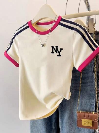 女士休闲撞色侧条纹T恤，学院风日常穿搭，夏季拼接简约字母印花圆领修身款上衣