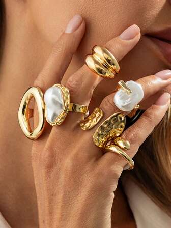 6件套巴洛克风格仿珍珠叠戴夸张戒指套装，轻奢复古几何弧形戒指首饰