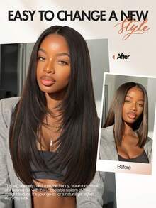 Long Layered Straight Yaki Wig Middle Part No Bangs Glueless Wig Pre Cut Put On And Go High Density Heat Resistant Fiber None Lace Wig For Women Daily Life Or Party Use 26inch Long(Highlight Brown) - Brown Highlight - View 4