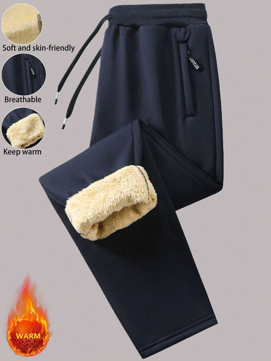 男士加厚保暖内衬户外徒步运动休闲直筒裤，秋冬季款 - 藏蓝色 - 查看 1