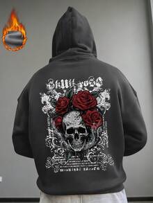 Men's Autumn/Winter Rebellious Cool Gothic Rose & Floral Font Skull Print Elements Black Hoodie Sweatshirt, Long Sleeve Top - Dark Grey - View 1