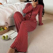 طقم كارديجان وبنطلون مخطط فضفاض عادي للنساء - الأحمر - مشاهدة 6