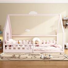 Flat Bed, 140 X 200 Cm, Children's Bed, Safety Rail, Pine Wood, Pink - Pink + Pine - View 1