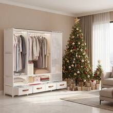 Metal Portable Wardrobe W/ 4 Drawers, 3 Hanging Areas & 3 Shelves, Simple Closet Storage - White - View 3