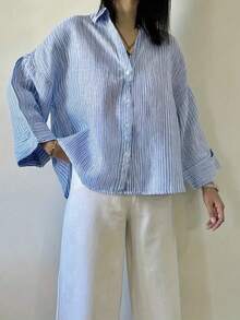 Women's Dropped Shoulder Long Sleeve Casual Striped Button-Front Loose Shirt