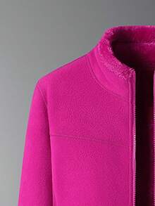 Jaket Fleece Bolak-balik Wanita GRIM PANDA, Mantel Soft Shell Dua Sisi dengan Kantong Resleting, Jaket Fleece Kerah Tegak untuk Olahraga Musim Gugur - Hot Pink - View 3