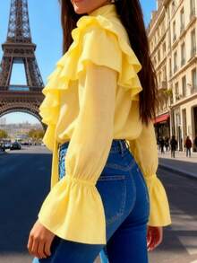 Damen neue V-Ausschnitt Knopf Mehrschicht Volant Schleife transparente elegante Mode Lässig Bluse, geeignet für Herbst/Winter - Gelb - Übersicht 7