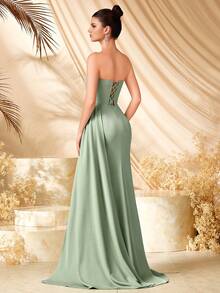 ADYCE 优雅无肩带高腰高开衩长款缎带露背蕾丝连衣裙，适合舞会、婚礼宾客、返校节、约会之夜、正式晚宴、生日派对、节日派对、家庭派对等各种场合。 - 綠色 - 查看 3