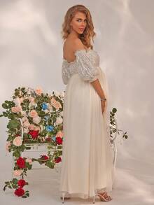 Joyfunear 孕妇亮片撞色网纱露肩开衩下摆连衣裙