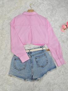 Happy Girl Striped Casual Fashion Blouse, Versatile For Spring/Autumn, Suitable For Vacation, Office, Daily Wear, Travel, Airport, Women Long Sleeve Cropped Shirt