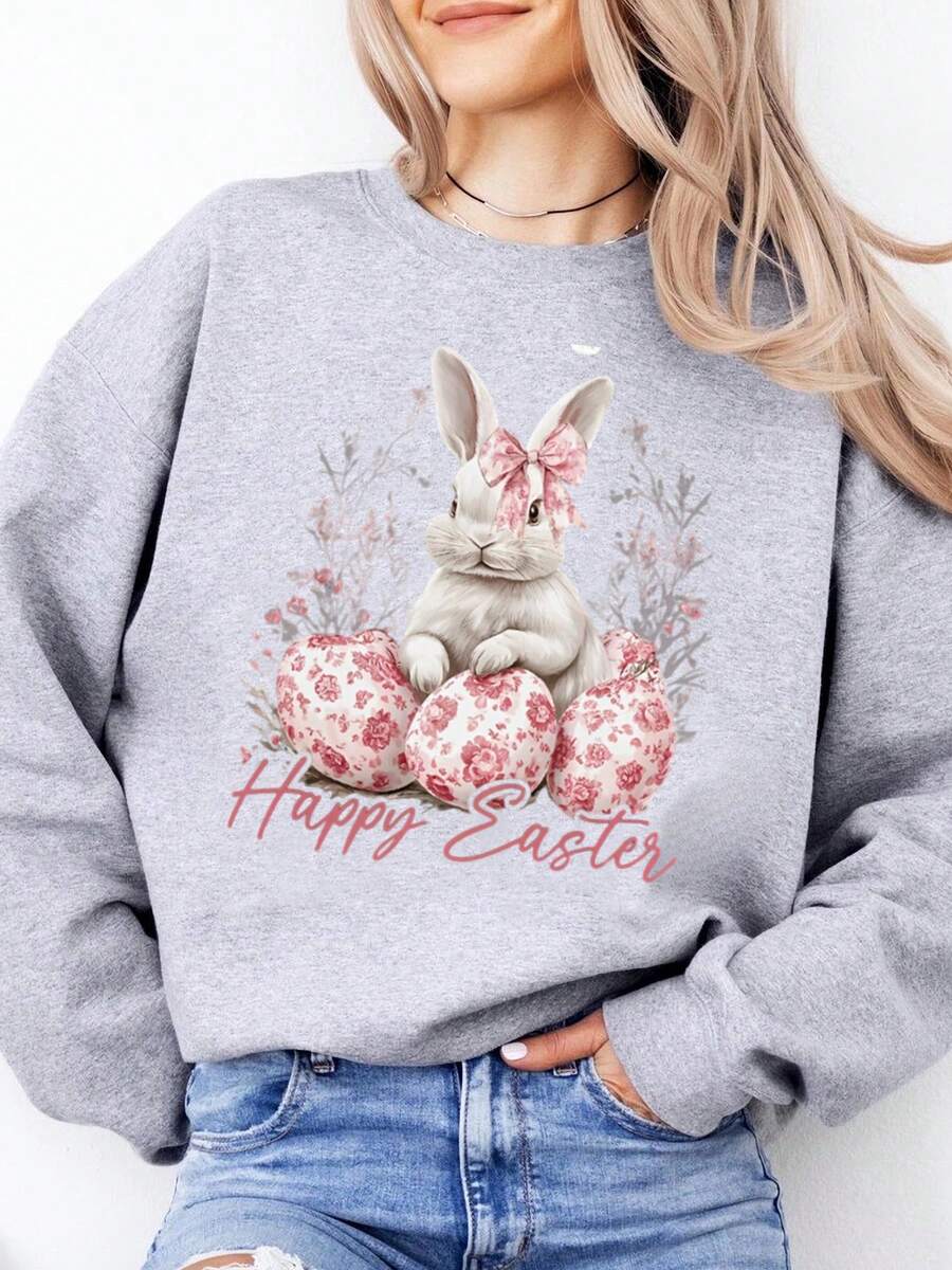 Easter Bunny With Pink Eggs And Floral Design Happy Easter Print Sweatshirt Women Casual Spring Outfit Plus-Size - 灰色 - 查看 1