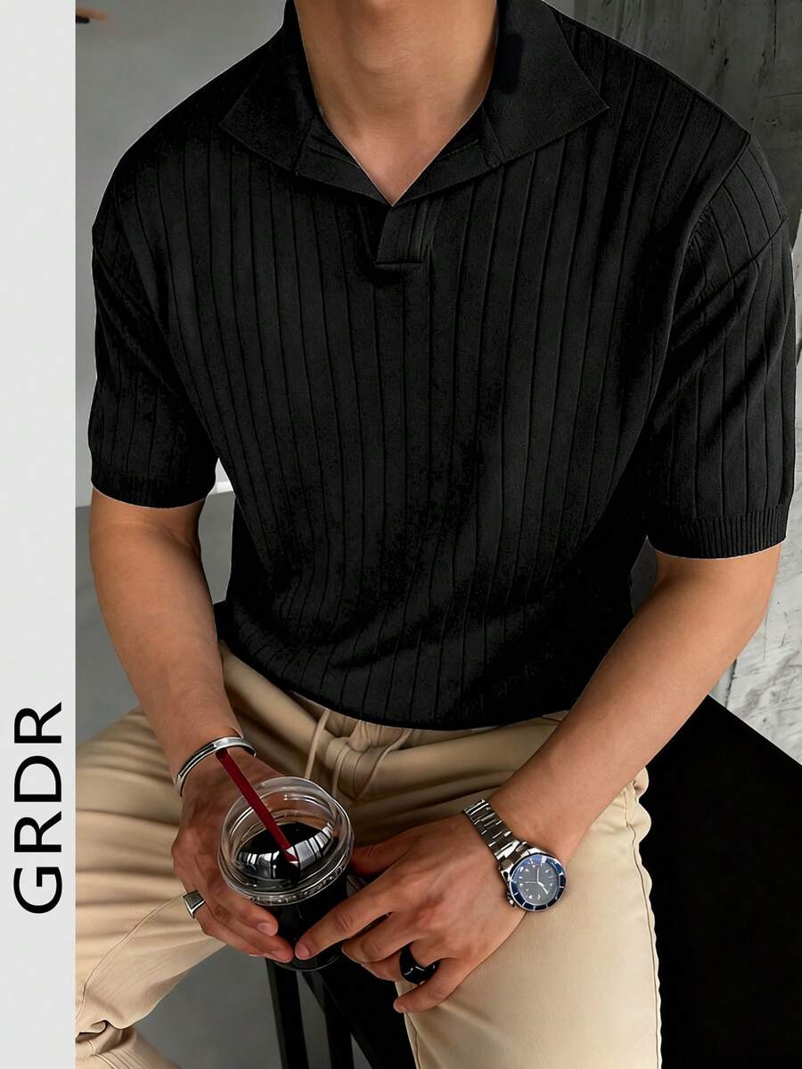 GRDR Men's Loose Thin Ribbed Polo Collar Knit Shirt, Short Sleeve, Summer - Dark Grey - View 1