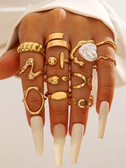 5件/12件套简约奢华不对称几何珍珠戒指套装，女士款，复古光滑表面，适合派对、送礼。