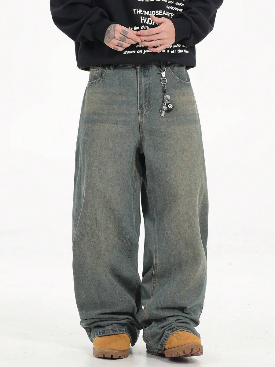 1 pieza Pantalones vaqueros de pierna ancha casuales de ajuste holgado lavados para hombre, estilo coreano/japonés - Bronce - Ver 1