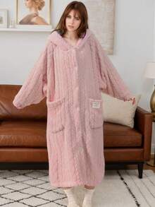 秋冬季女士法兰绒宽松加大码睡袍 - 睡衣，厚实保暖，柔软舒适，纽扣前襟，长袖，带帽，配有2个大口袋，长款睡袍家居服，浴袍，可机洗 - 彩色 - 查看 19