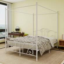 Metal  Four-Poster Canopy Bed Frame With Headboard And Footboard Sturdy Slatted Structure No Box Spring Needed - 白色 - 查看 2