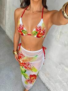 Set de 3 piezas para mujer que incluye parte superior de bikini con estampado de estilo bohemio y lazo delantero, y pareo largo, de moda y versátil, adecuado para vacaciones en la playa - Multicolor - Ver 1
