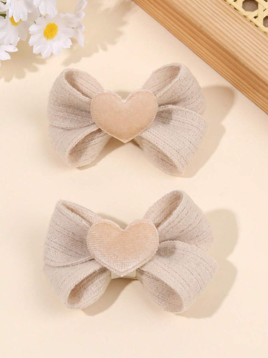 2pcs Brown Fabric Bow Hair Clips For Baby Girl, Velvet Heart Alligator Clips, Solid Color Hair Bows, Cute Brown Hair Barrettes, Sweet Baby Girl Hairpins, Soft Fabric Headpiece, Baby Hair Accessories - Beige - View 1