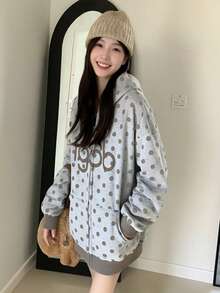 复古美式波尔卡圆点字母印花连帽卫衣，宽松休闲卫衣外套，秋冬
