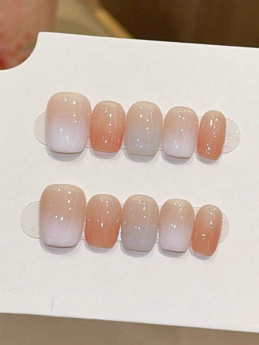 10pcs Pure Handmade Press On Nails Short Nails Square Nails Multicolor Nails Minimalist And Elegant Style, Nude Pink Paired With Gradient, Glossy, Gentle And Exquisite Press-On Nails For Women And Girl,Spring Summer Fall Winter Festivals Party And Daily Life Use - Multicolor - View 1