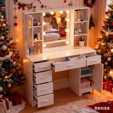 Dressing Table Makeup Desk W/ LED Mirror Vanity Table & 6 Drawers Modern - White - View 3