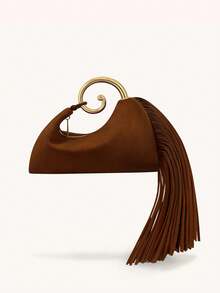 麂皮金属环手柄流苏手拿包，时尚优雅女士手提包，秋冬新款，适合派对、聚会、晚宴、婚礼、鸡尾酒会、节日、约会和闺蜜之夜等场合。 - 咖啡棕 - 查看 9