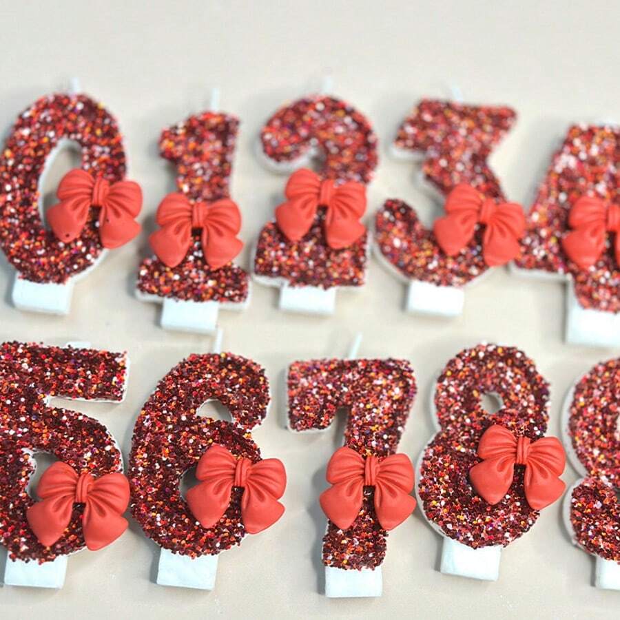 1支生日数字蜡烛，红色蝴蝶结装饰蛋糕蜡烛，闪光蛋糕装饰，适合女孩和女士周年纪念庆祝活动