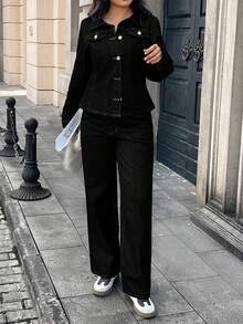 Elegant Vintage Casual Denim 2 Pieces Set, Including Lapel Button Pocket Jacket And Wide-Leg Pants, Non-Stretch Fabric - Black - View 1
