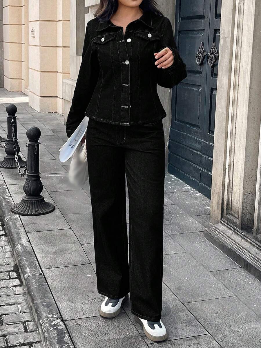 Elegant Vintage Casual Denim 2 Pieces Set, Including Lapel Button Pocket Jacket And Wide-Leg Pants, Non-Stretch Fabric - Black - View 1
