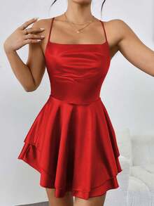 1 件性感露背系带缎面褶皱连衣裙，适合酒吧、派对、居家、优雅 - 紅色 - 查看 3