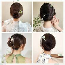 Retro Vintage Asian Chinese Traditional Hanfu Silver Metal Flower Hair Sticks With Pearl Bead Pendants Bamboo Lotus Long Hair Chopsticks Forks Bun Updo Holders Hairpins - 8件套 S4 - 查看 6