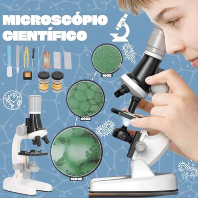 Microscópio Óptico Infantil 1200x LED Completo Kit Ciência Crianças