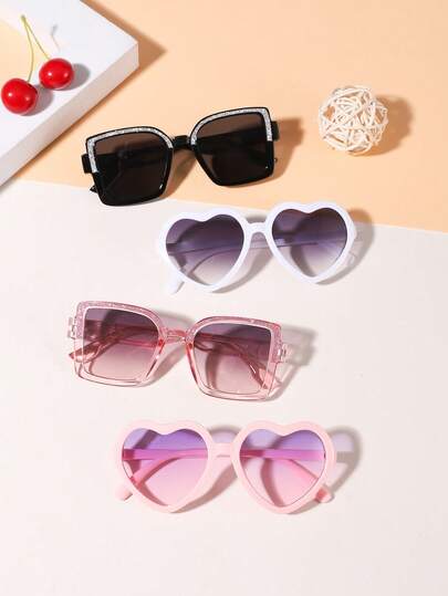 1 Set Of 4 PCS Girls' 4-8 Years Old Casual Glitter Square Frame And Sweet Heart Frame Fashion Glasses, Suitable For Holiday Outings And Daily Outfit Matching