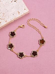 1pc Women's Everyday Clover Flower Classic Versatile Bracelet, Suitable For Valentine's Day - Brown - View 4