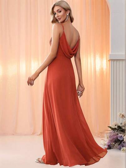 EVERPRETTY 优雅雪纺吊带露背橘色伴娘礼服，适合婚礼、派对、半正式场合、新年等场合。
